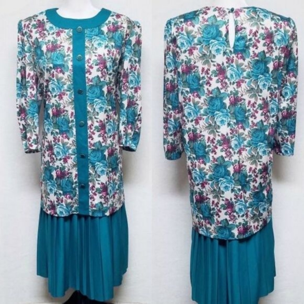 80s Vintage Classic Apparel Teal Cabbage Rose Pleated Quarter Sleeve Midi Dress - Picture 2 of 15